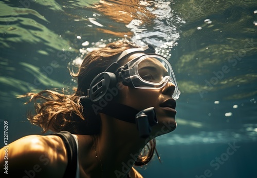 A fearless aquanaut gracefully explores the depths of the ocean, equipped with her trusty goggles and oxygen mask, while showcasing her love for underwater sports and adventure