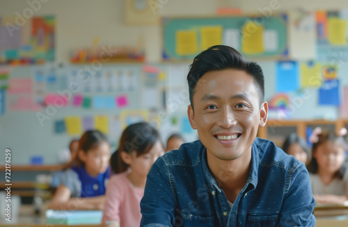 Portrait of smiling Asian teacher looking at camera while his students sitting in a classroom