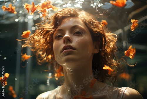 A stunning portrait of a woman with fiery red hair adorned with delicate flowers, her human face exuding a sense of ethereal beauty against the backdrop of an aquarium, captured in a mesmerizing piec