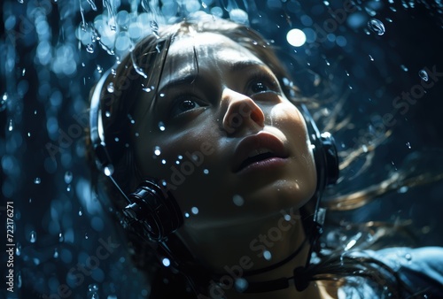 A serene woman submerged in water  surrounded by bubbles  tunes out the world above as she embraces the peacefulness of swimming with her headphones