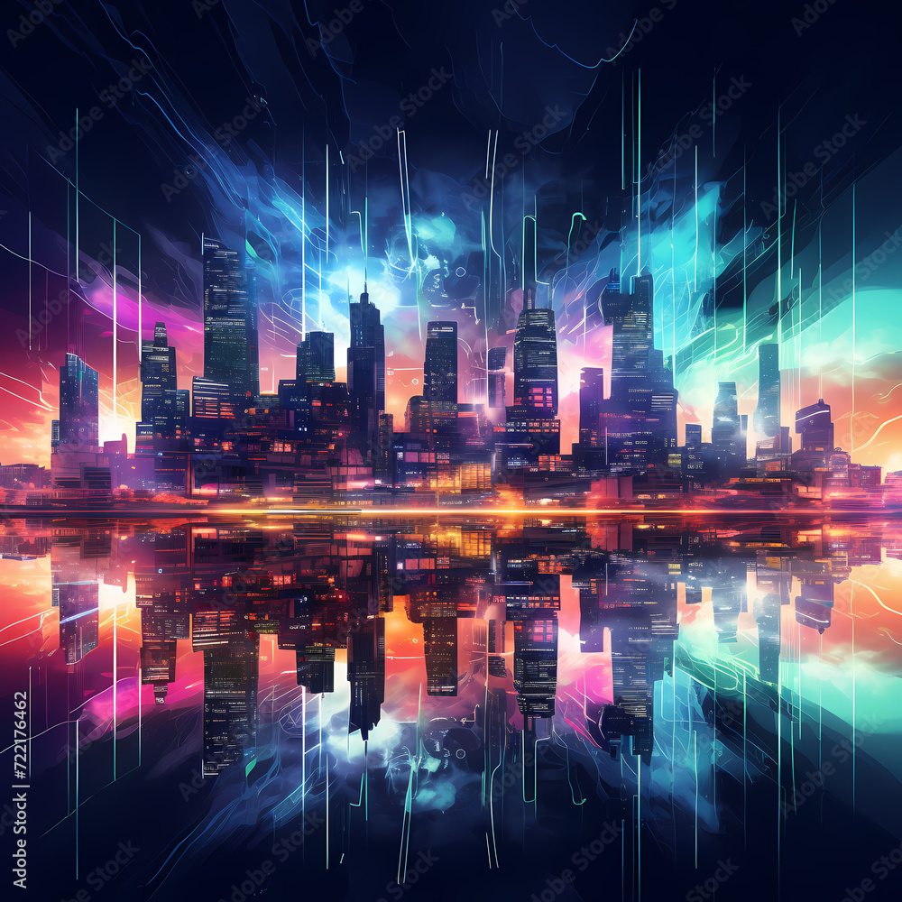 Abstract city skyline with neon lights.