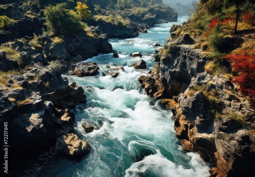 A tranquil mountain river cascades through a rugged landscape, weaving its way through rocky rapids and serene waterfalls, surrounded by the vibrant colors of autumn foliage