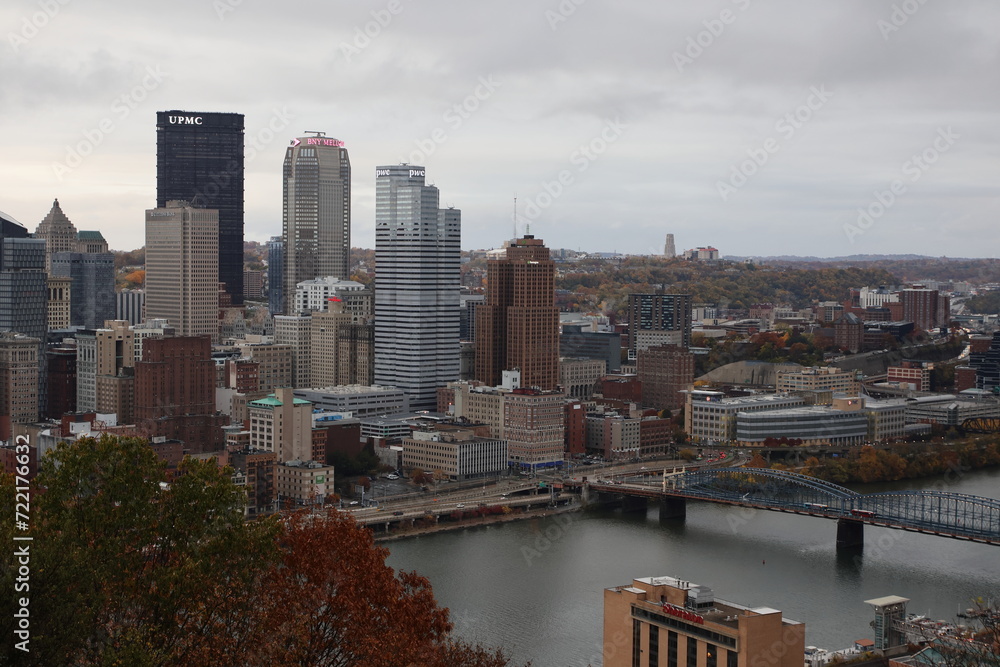 Panoramic view of the bridge and river in the downtown city of Pittsburgh, Pennsylvania —aerial, birds' eye view of downtown and river with river.