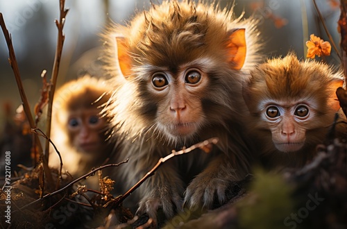 A troupe of curious primates, their fuzzy faces pressed against the earth, embodying the wild beauty of nature and the intricate bond between humans and animals