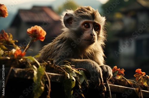 A playful macaque perches atop a leafy branch, surrounded by colorful flowers in a peaceful outdoor setting © LifeMedia