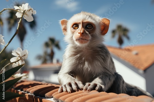 Amidst the endless expanse of sky, a curious primate stands atop a roof, taking in the wild beauty of the outdoors © LifeMedia