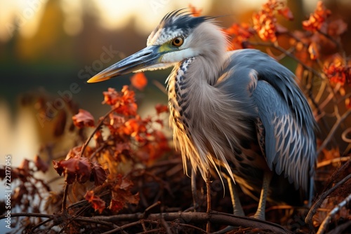 A majestic heron gracefully perches on a branch, its beak pointed towards the sk Fototapet