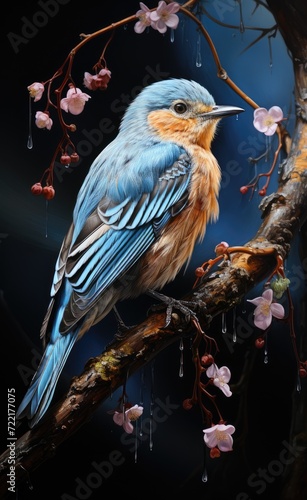 A vibrant blue bird sits perched on a branch, its beak ready to pluck a delicate flower, showcasing the beauty of wildlife in the great outdoors