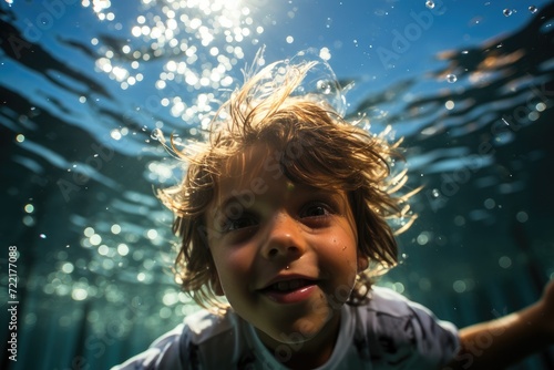 A young boy with a beaming face, dressed in colorful swimwear, gracefully dives into the glistening water and swims underwater, illuminated by the warm rays of sunlight