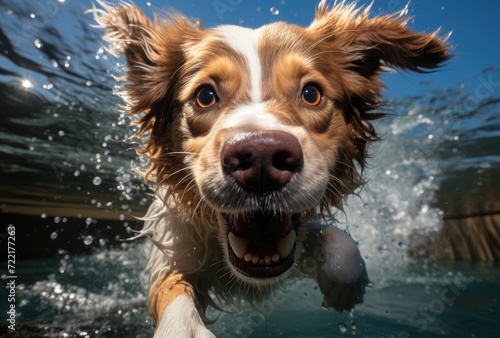 A lively brown collie puppy eagerly dives into the sparkling blue water, exuding pure joy and embodying the carefree spirit of outdoor play © LifeMedia