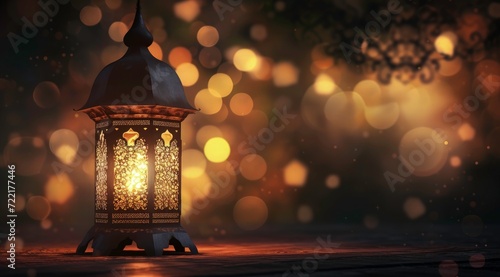 Ramadan mubarak banner background with arabic lantern with bokeh background, light burning candle background © Divine123victory
