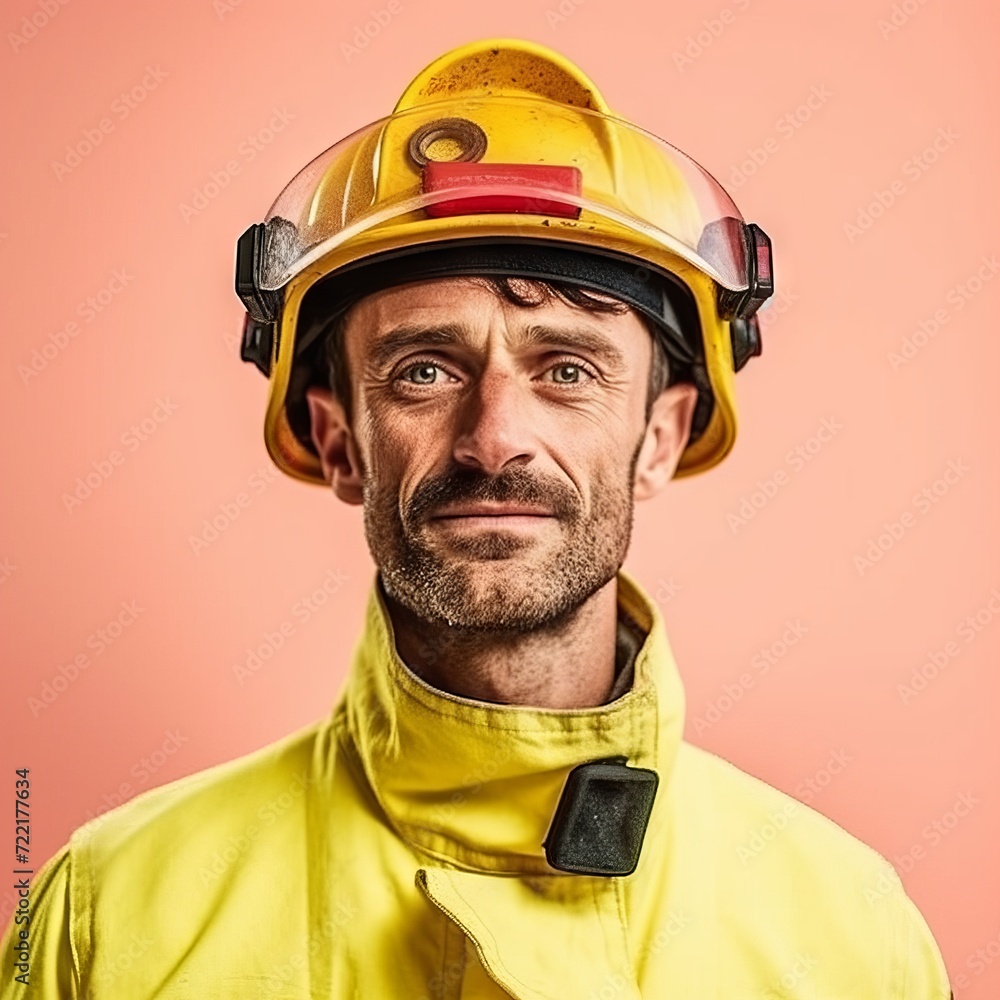 Portrait of a male firefighter in uniform and helmet. Patel background. Concept: profession of protection from natural disasters, rescuing people from fire, Ministry of Emergency Situations
Portrait of a male firefighter in uniform and helmet. Patel background. Concept: profession of protection from natural disasters, rescuing people from fire, Ministry of Emergency Situations