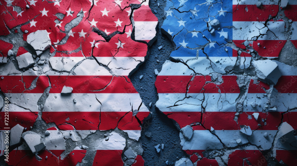Cracked USA Flag on Rock, Divison Symbolism, Generative AI