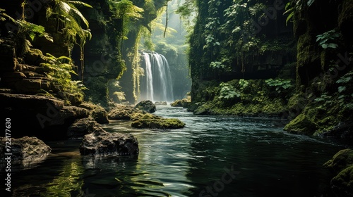 Fototapeta Naklejka Na Ścianę i Meble -  A majestic waterfall cascades through a lush rainforest, surrounded by towering trees and crystal clear streams in a serene state park