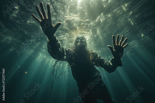 A free-spirited aquanaut embraces the weightlessness of the ocean depths, surrounded by the glimmering allure of diving equipment and long hair flowing gracefully in the water