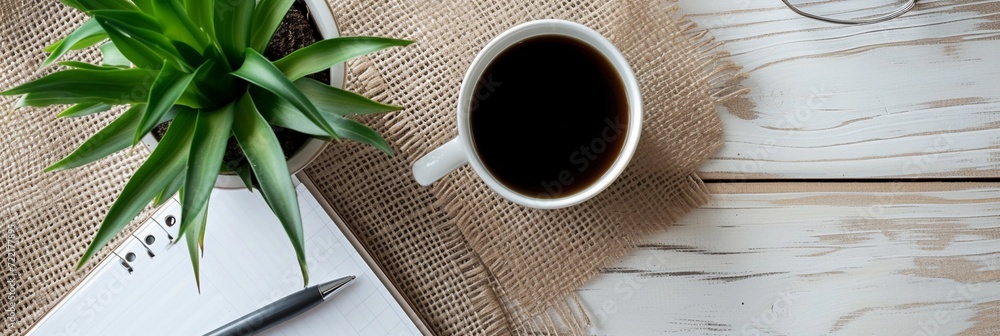 Minimalist desk setup with a potted plant, a cup of coffee, and neatly arranged office supplies, background image, generative AI Minimalist desk setup with a potted plant, a cup of coffee, and neatly arranged office supplies, background image, generative AI