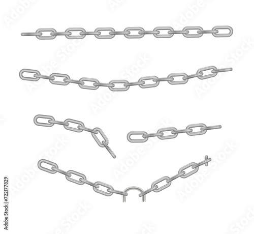 Free metal chain with whole or break steel chrome links. Collection of seamless metal chains colored silver. Vector