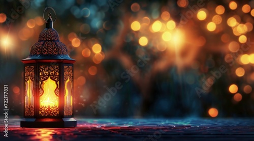 Ramadan mubarak banner background with arabic lantern with bokeh background, light burning candle background photo