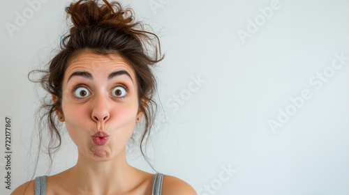 girl grimacing. WTF! Head shot portrait of shocked frustrated woman. portrait of young woman grimacing. Young brunette woman standing over white background puffing cheeks with funny face. mouth inflat © Nataliia_Trushchenko