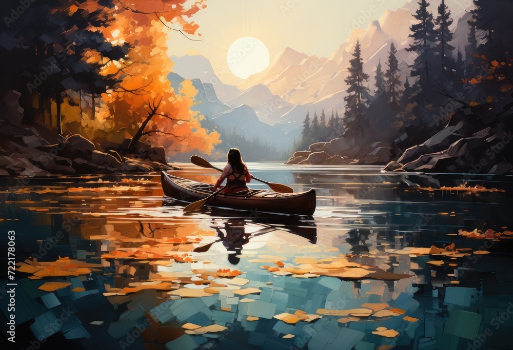Amidst the tranquil lake, a woman gracefully glides in her canoe, surrounded by the breathtaking beauty of nature's painted sky and mirrored reflections of trees and mountains
