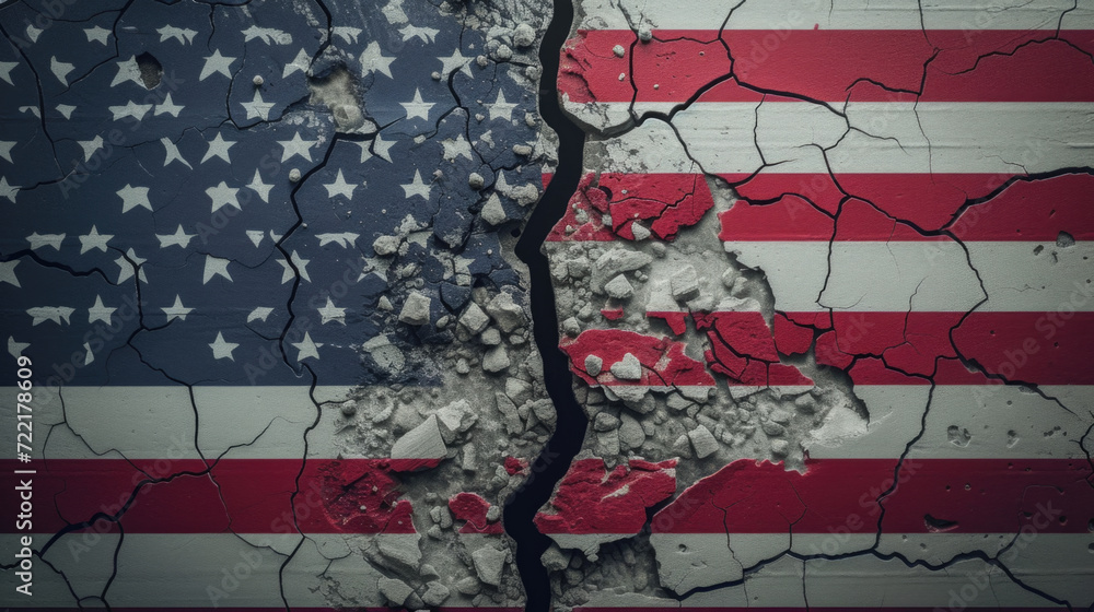 Cracked USA Flag on Rock, Divison Symbolism, Generative AI