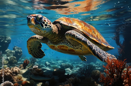 A graceful sea turtle glides through the vibrant underwater world, its sleek reptilian form perfectly adapted for life in the mesmerizing reef environment