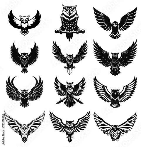 Black and white owl icon set for logos and heraldic symbols 