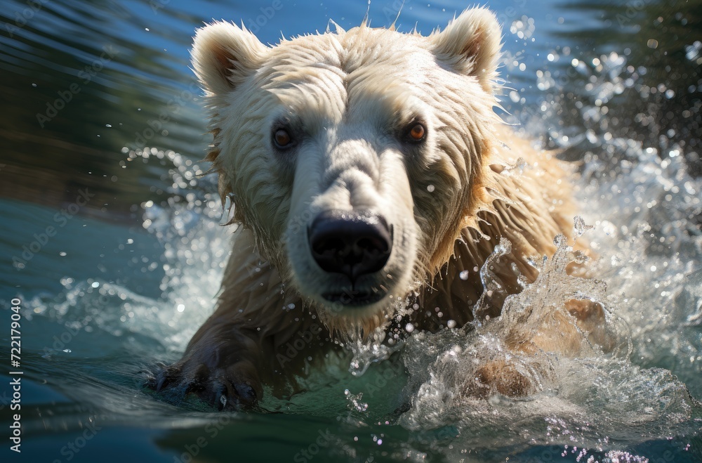 A majestic polar bear gracefully glides through the crystal blue waters, its powerful snout cutting through the icy depths as it navigates its natural habitat