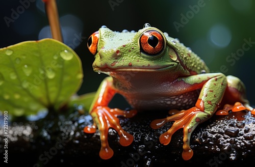 A vibrant agalychnis tree frog perches gracefully on a lush green shrub, its red eyes gleaming with a sense of wild wonder in the great outdoors