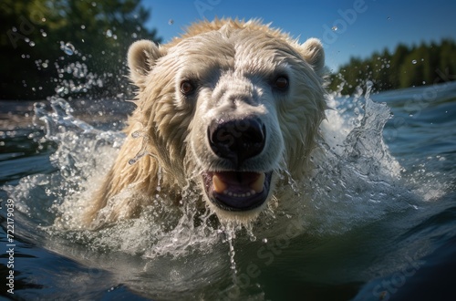 Wallpaper Mural A majestic polar bear glides gracefully through the icy waters, its snout peeking above the surface as it embraces its natural habitat as a powerful and adaptable mammal Torontodigital.ca