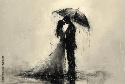 Sketch of a bride and groom sharing a sweet moment with a heart-shaped umbrella