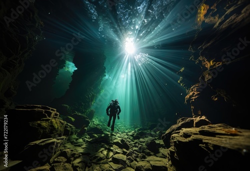 Exploring the mysterious depths of a cave, a scuba diver illuminates the vibrant reef with their light in the tranquil outdoor night