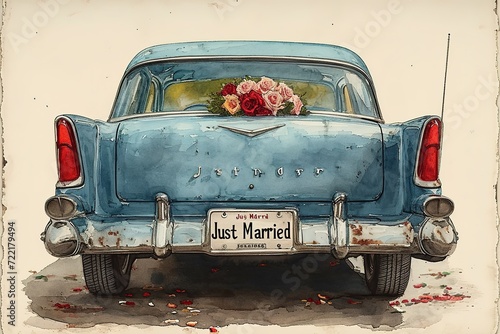 Sketch of a cute wedding car with 