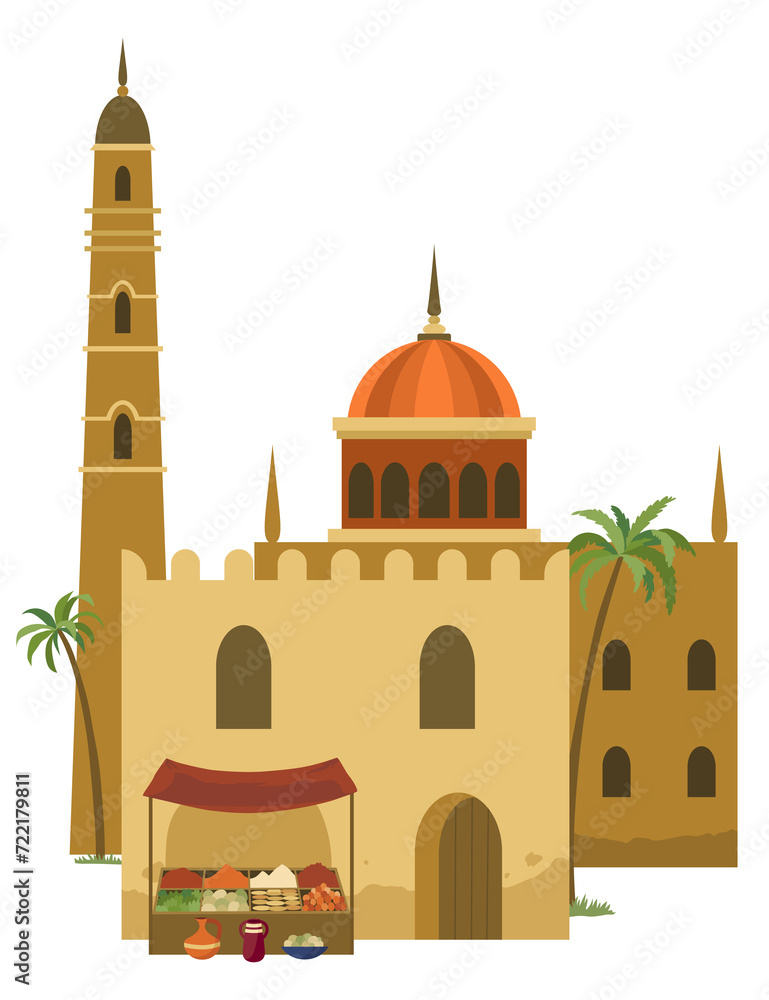 Middle east. Arabic desert with traditional mud brick houses. Ancient building. Flat illustration