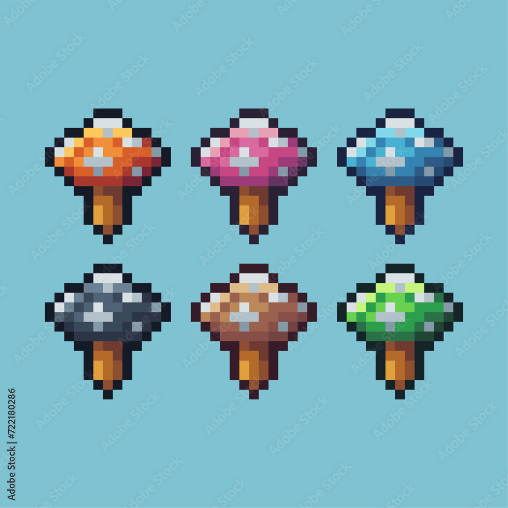 Pixel art sets icon of mushroom variation color.mushroom icon on pixelated style. 8bits perfect for game asset or design asset element for your game design. Simple pixel art icon asset.