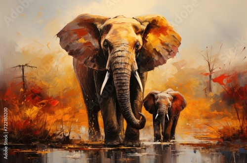 Mother and child, the majestic indian and african elephants stand tall in the shimmering waters, their bond captured in a vibrant painting