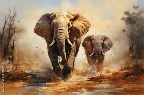 Graceful giants racing through the earth, a painted tribute to the majestic beauty of asian and african elephants with their striking tusks on display photo