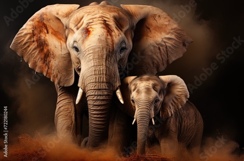 A majestic family of elephants, representing the beauty and power of the animal kingdom, stand tall and proud in the wild, showcasing their impressive tusks and inspiring a sense of wonder and awe