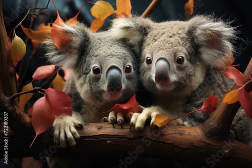 Two furry marsupials, with their distinctive snouts, peacefully perched on a branch in the great outdoors