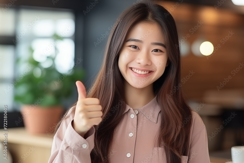 Handsome, asian woman with his thumb up in sign of optimism. Generative AI. G004 Handsome, asian woman with his thumb up in sign of optimism. Generative AI. G004