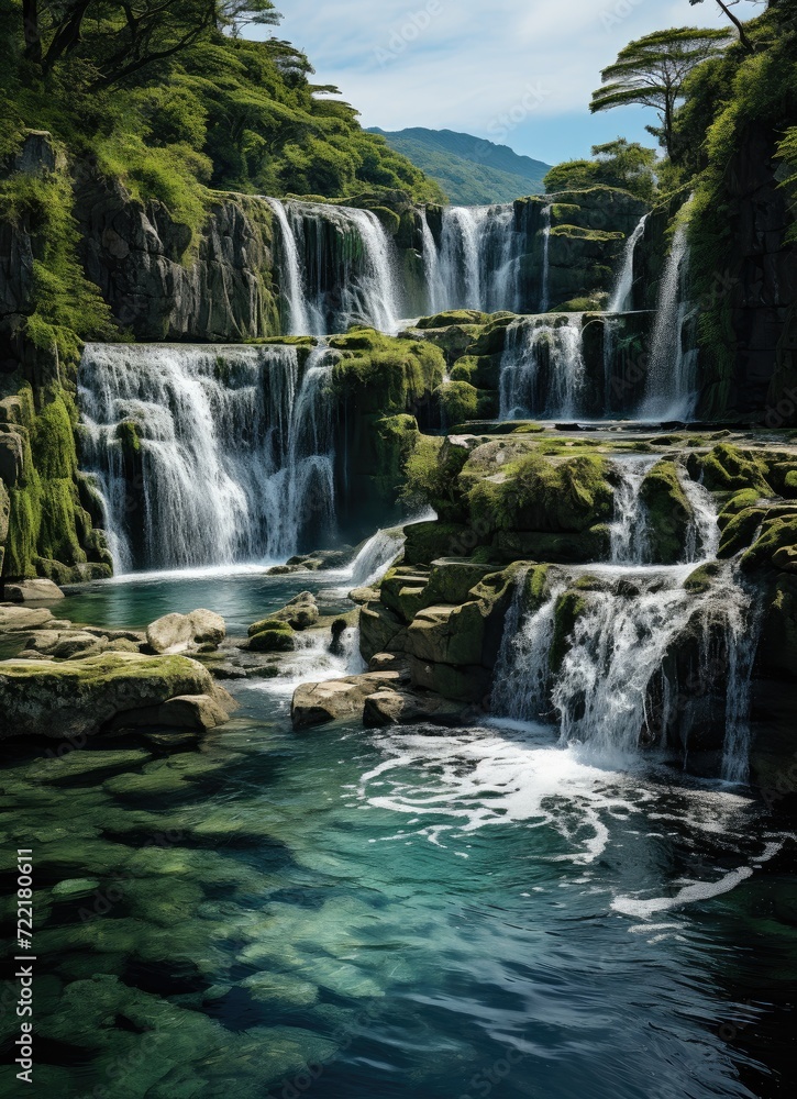 A cascading waterfall surrounded by lush greenery creates a serene and picturesque outdoor oasis in the midst of a natural landscape A cascading waterfall surrounded by lush greenery creates a serene and picturesque outdoor oasis in the midst of a natural landscape
