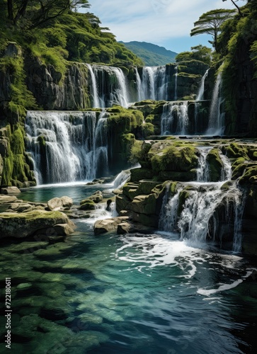 A cascading waterfall surrounded by lush greenery creates a serene and picturesque outdoor oasis in the midst of a natural landscape