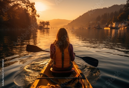 Amidst the tranquil lake, a woman gracefully paddles her kayak towards the glowing sunset, surrounded by towering trees and majestic mountains, using the water as her vehicle to connect with nature a © LifeMedia