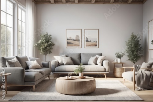 Scandinavian home interior design of modern living room in farmhouse