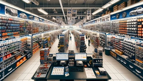 AI-generated illustration of a large auto parts store with rows of products on the shelves