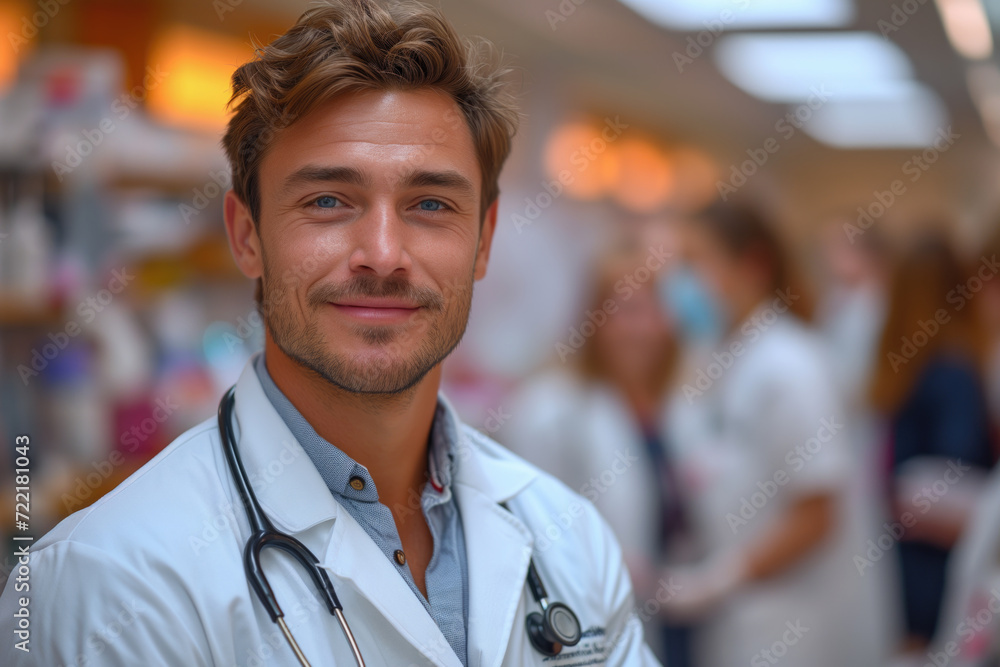 Portrait of a handsome doctor, interior of a medical clinic in the background Portrait of a handsome doctor, interior of a medical clinic in the background