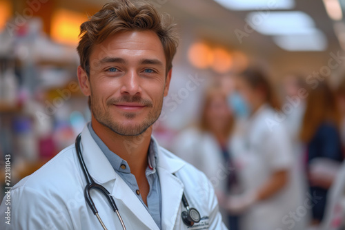 Portrait of a handsome doctor, interior of a medical clinic in the background