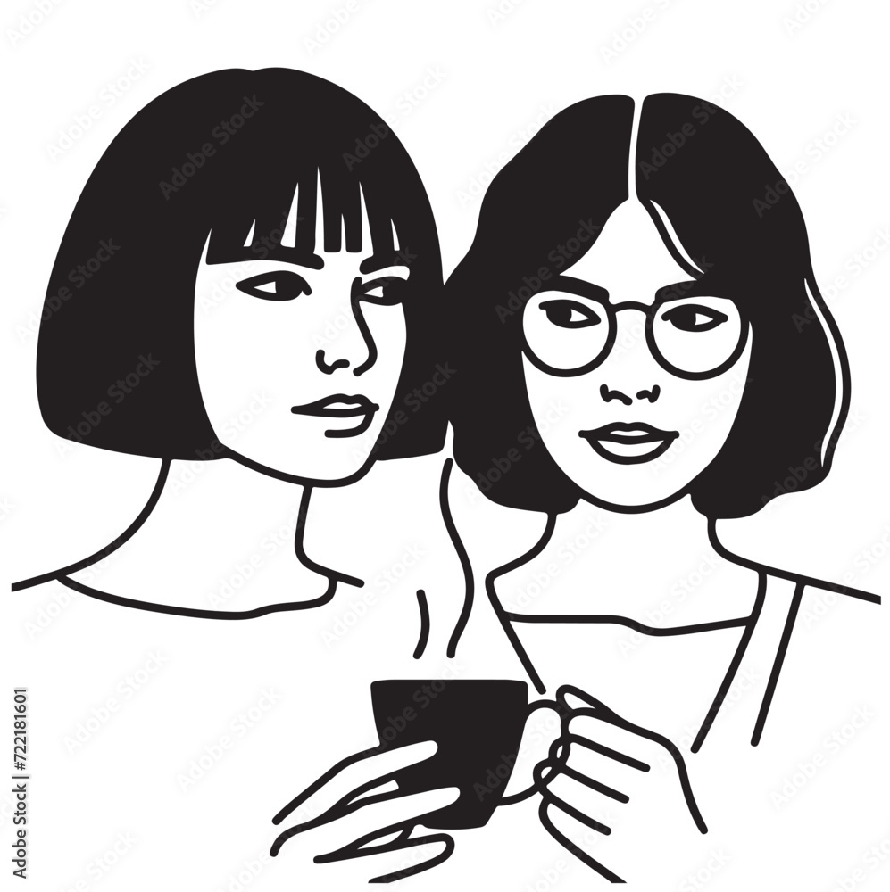 Three friends with coffee. Line illustration