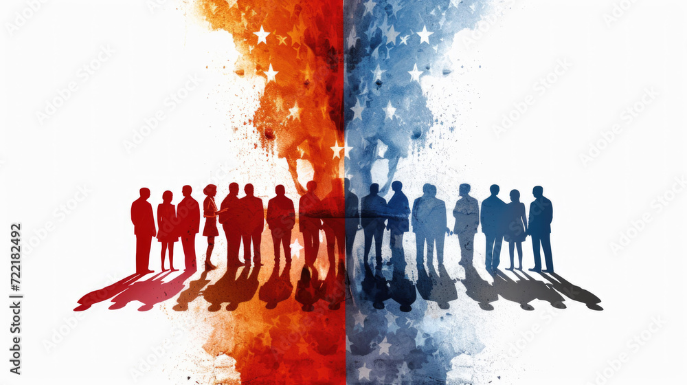 Silhouettes of Citizens with American Flag, People Political Election Division - Generative AI