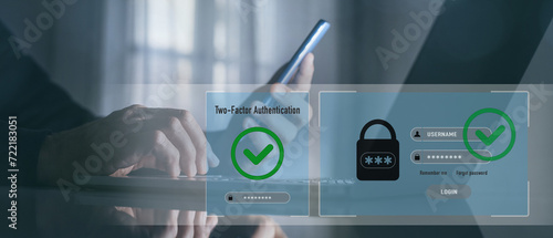 Two factor authentication. Ensure protection, identification concept. Security of online accounts.